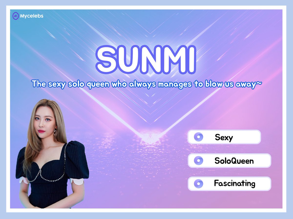 mycelebsstar's tweet photo. Three #FemaleStars That Are #Solo #Queens by #Mycelebs AI !
#SUNMI
https://t.co/ugsh2feDMi
#YOOA
https://t.co/WG1qljkUvk
#CHUNGHA
https://t.co/y8G1MosAVm
Q Who is YOUR solo queen? https://t.co/F6MVzPg7Hk