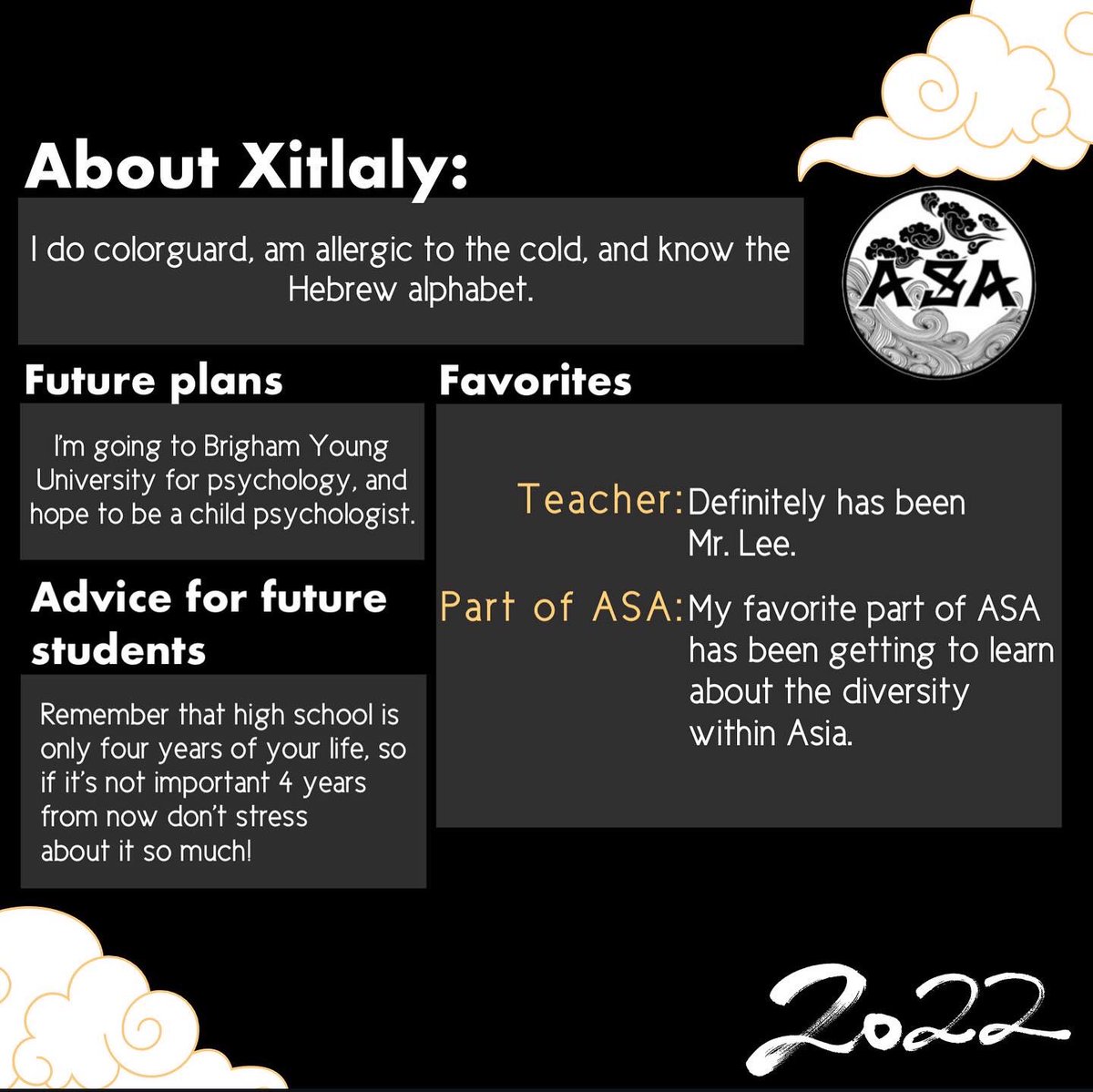 LCHS_AsianSA's tweet photo. Shining the Spotlight on our member, Xitlaly Garcia! 

Thank you for all of your support this year! Swipe to read more about her :) #lcasa2022 https://t.co/RrN7X2qDXj