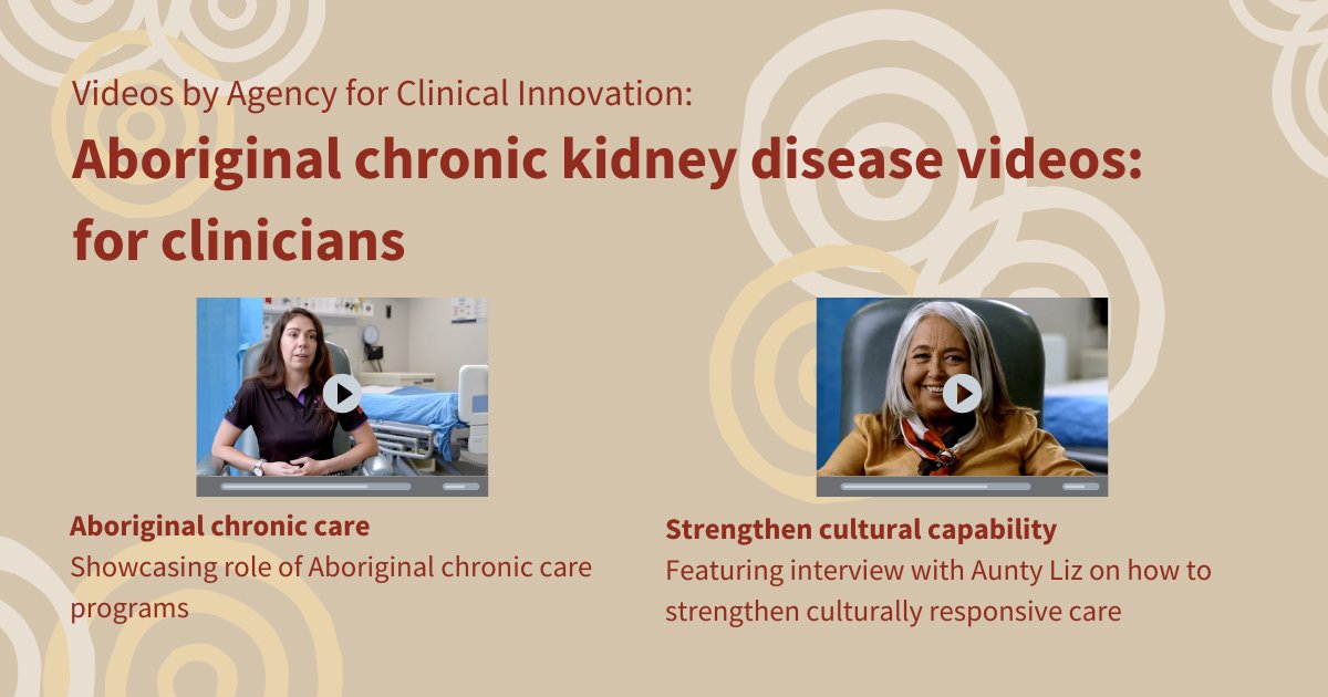 These videos have been developed by <a href="/nswaci/">NSW Agency for Clinical Innovation</a> to support clinicians caring for Aboriginal people with chronic kidney disease (CKD).
The videos empower Aboriginal community members &amp; enhance cultural capability of health staff.
🔗 bit.ly/3PYwYyQ 
#AboriginalHealthWorkers