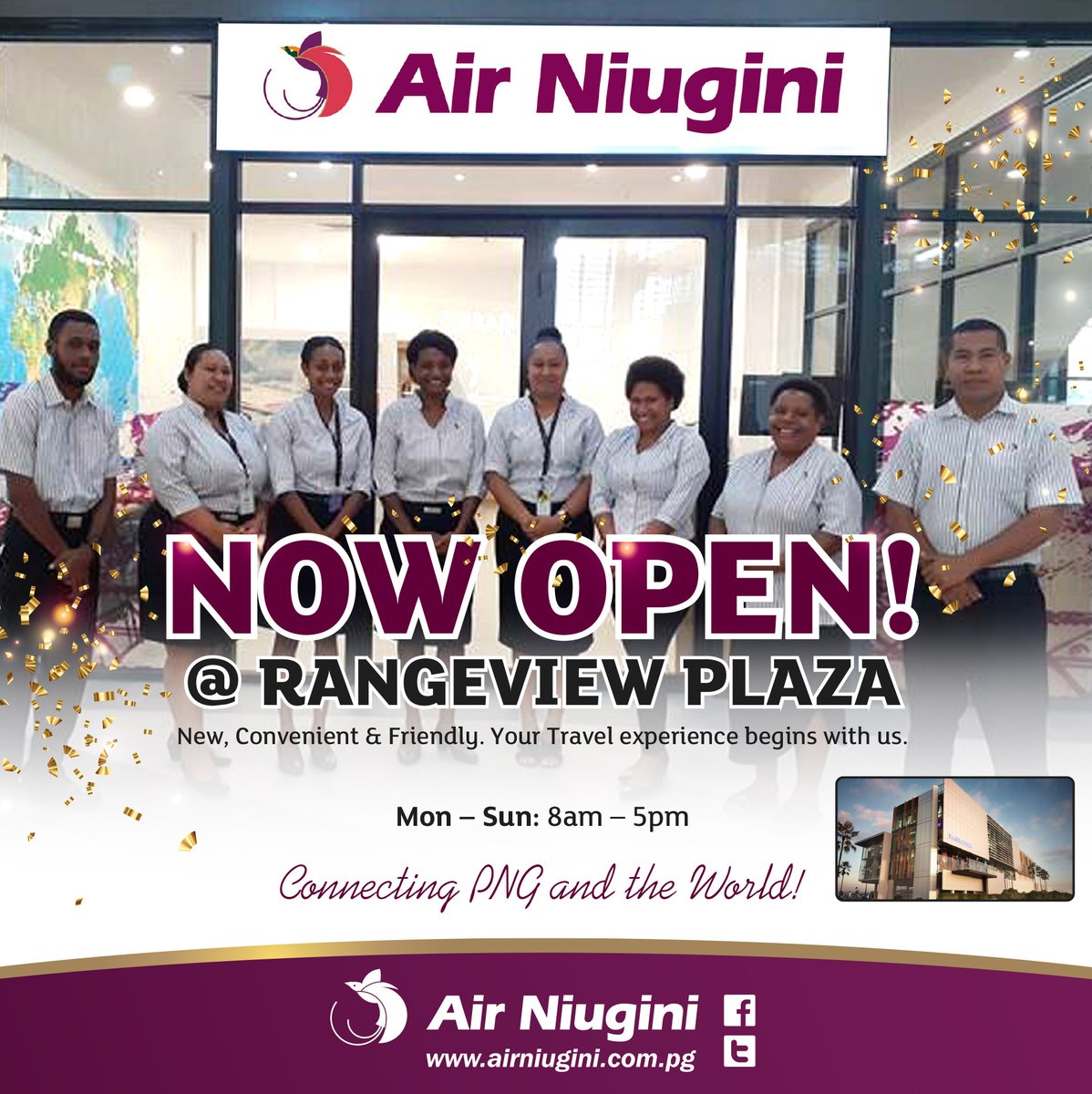 PXPNG's tweet photo. Visit our new Air Niugini Sales office today located at Rangeview Plaza in Port Moresby for your next travel reservation.
#px #airniugini #AirlineTickets #rangeview https://t.co/xjRmDQ65Sn