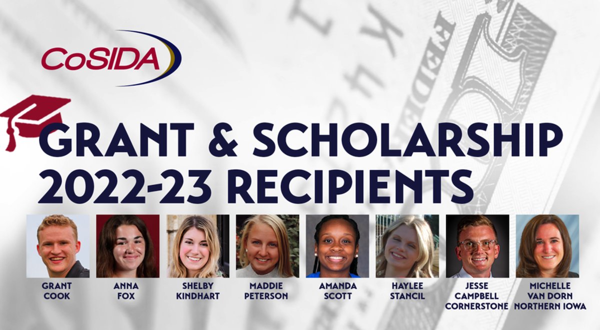 CollSportsComm's tweet photo. 6/9 Scholarship and Grant recipients (undergrad, postgrad, member-child scholarships) also were announced in today's CoSIDA 360. @UNIAthletics and @CUathletics will each receive $15,000 internship grants. Congrats to all recipients! https://t.co/oDPUBIDULX https://t.co/OECJluejBZ