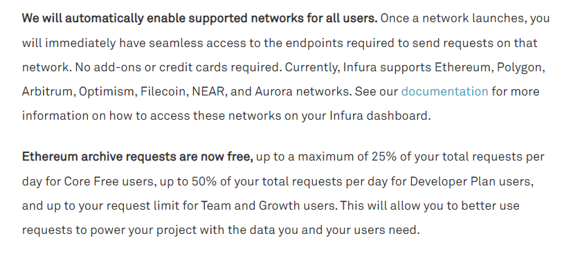 We 🧡 <a href="/infura_io/">Infura</a>, and their commitment to builders in this industry just got deeper.

Their FREE plan was just expanded to give Ethereum archive node requests and automatic access to all Infura-supported networks 🤯

👉 infura.io/register?utm_s…