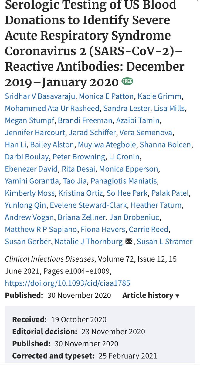 SixandLaura's tweet photo. Serologic Testing of US Blood Donations to Identify Severe Acute Respiratory Syndrome Coronavirus 2 (SARS-CoV-2)–Reactive Antibodies: December 2019–January 2020
Clinical Infectious Diseases, Vol. 72, Iss. 12, 15 June 2021
https://t.co/AXK4XRcb40
#SARSCoV2_timeline #Winter2019 https://t.co/2cAhOCRtmZ
