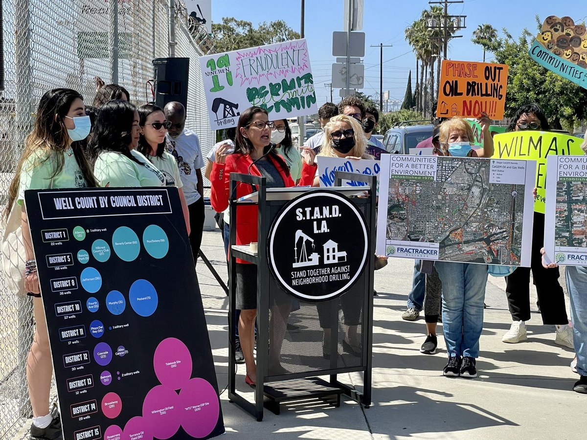 RepBarragan's tweet photo. No more oil drilling in #CA44!

Today, joined #Wilmington residents, @CBECal, &amp; @STAND_LA, to call on CalGEM &amp; @LACity to shut down Warren E&amp;P’s illegal drill site next to homes and schools in Wilmington.

Our communities in #CA44 are not open for oil drilling. Not now. Not ever. https://t.co/HKvroALc55