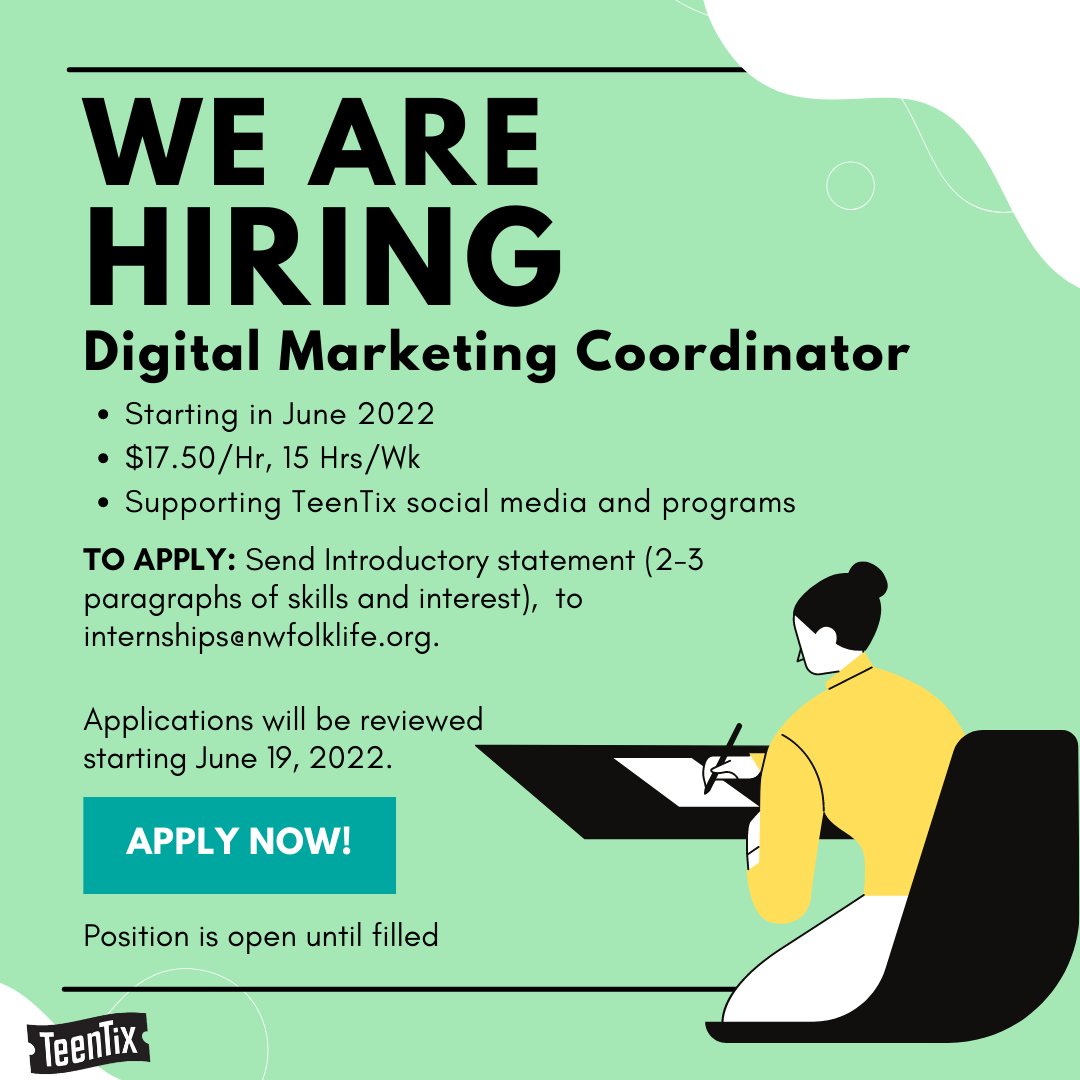 We are now hiring a Digital Marketing Coordinator Intern! Want to be in the know about the TeenTix social media and develop professional marketing skills? 📊 Apply now! More info will be available on the TeenTix website soon!