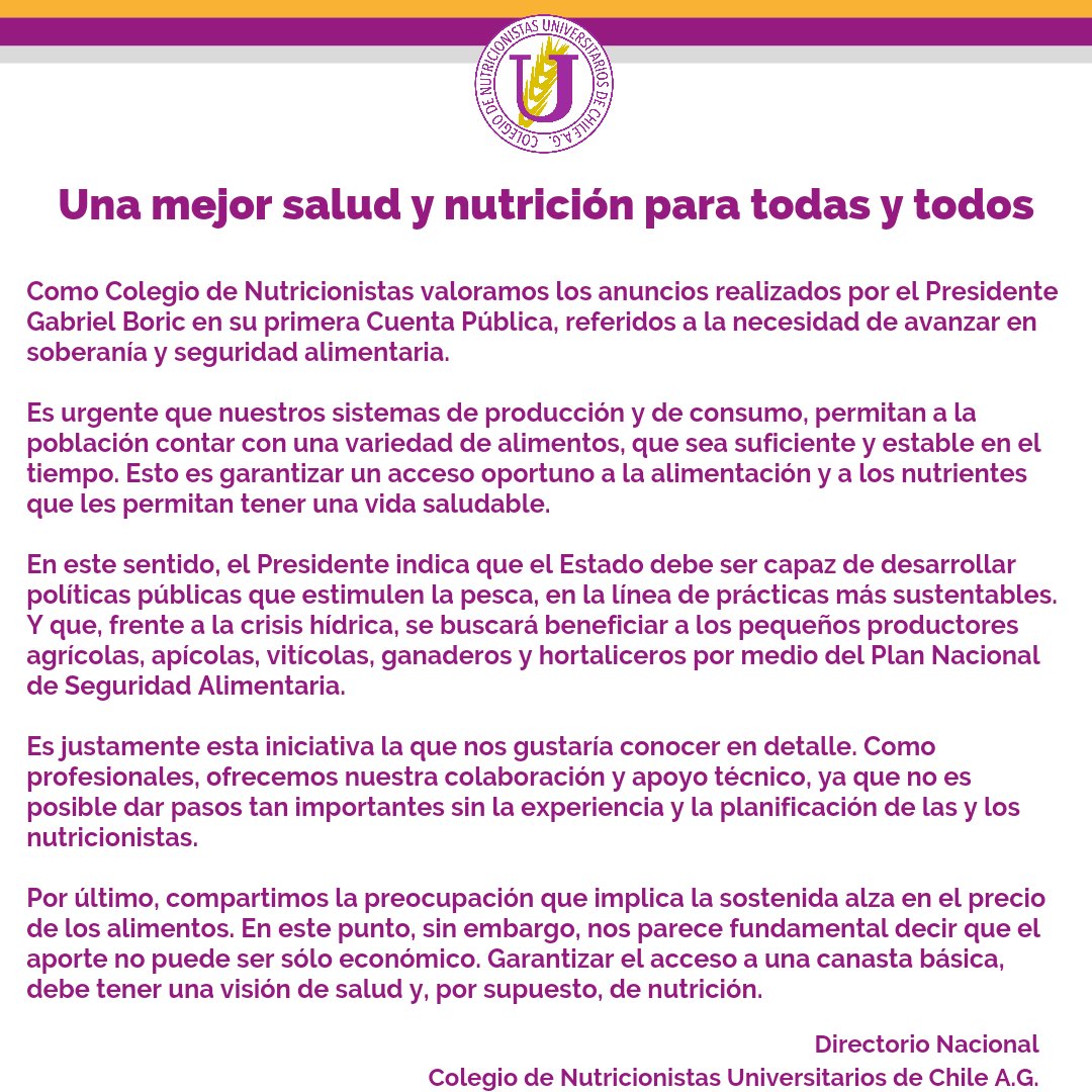 nutrichile's tweet photo. Como Colegio de Nutricionistas valoramos los anuncios del Presidente @gabrielboric en su Cuenta Pública, relativos a avanzar en soberanía y seguridad alimentaria. Ponemos a disposición nuestro conocimiento y experiencia para trabajar juntos y juntas por una mejor nutrición 👇 https://t.co/PnZi1zK7ay