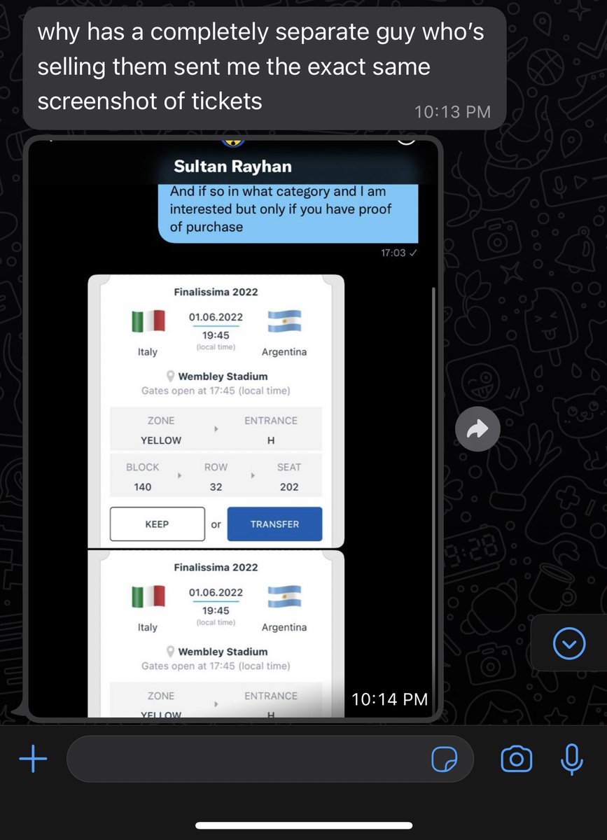 Joshua17941495's tweet photo. @FinalissimaTKTS this guy @ahmedsultanR using my tickets to scam others, his phone number is included in the first pic. 

I sold my tickets to someone else later on https://t.co/IaFb7gy4Cu