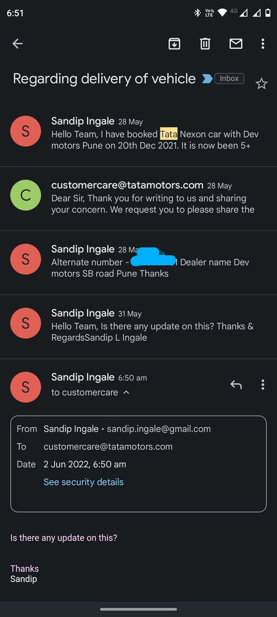 SandipIngale19's tweet photo. @tata_cars no replies to email even after followup.. https://t.co/nQ8F6UUpD8