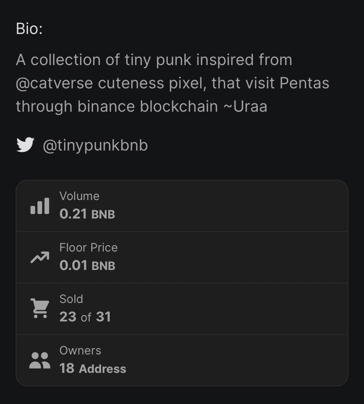 0xTinyPunk's tweet photo. Manifesting sold out this June. FP only 0.01BNB. Collect all 5 type to get merchendise and future perks. ~Uraa👾 #LFG #WAGMI #BNB #PENTASIAN https://t.co/Ji8nJ2j5iF