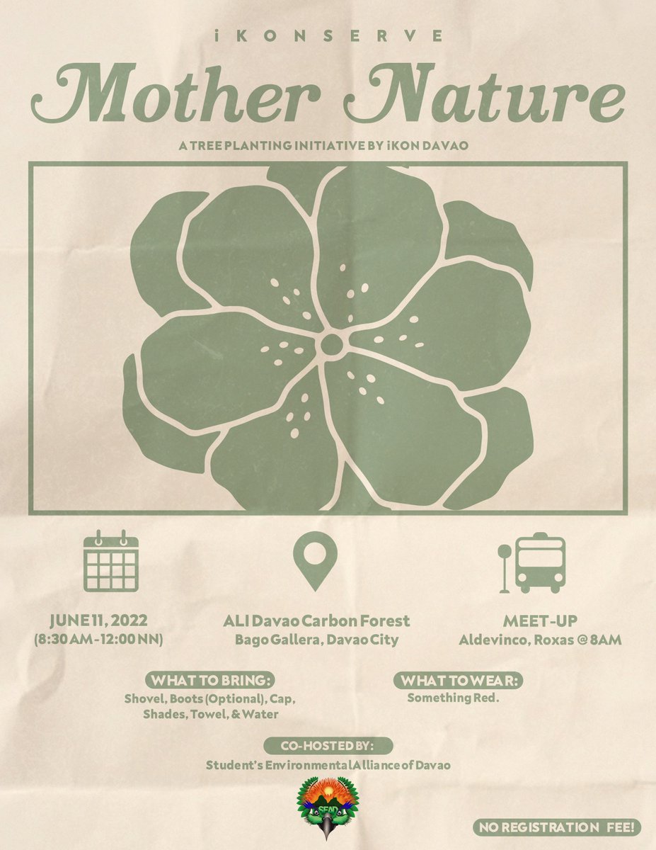 iKONDavao's tweet photo. iKONserve mother nature 🛡️
—a tree planting fanproject by iKON Davao 🌱

🗓️ June 11, 2022 (Saturday) 
📍ALI Davao Carbon Forest, Bago Gallera Davao City

Registration Form: https://t.co/X6ZH6p5Y8r 🌱 
#iKON #아이콘 @YG_iKONIC https://t.co/HjWbVInKaz