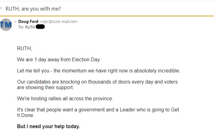 ruthmkb's tweet photo. Got an email from #DougFord today. Subject: Are you with me? The short answer is no! The long answer is HELL NO, NEVER!!! #OntarioElection2022 #OntarioVotes #VoteFordOutJune2 #VoteONPCout #NeverVoteConservative #onpoli https://t.co/N4gokQmFTc