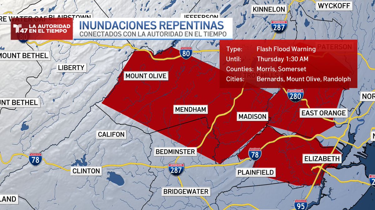 Flash Flood Warning para Morris, Somerset hasta 6/02 1:30AM
Descarga la aplicación de <a href="/Telemundo47/">Telemundo 47</a> y conéctate con #LaAutoridadenelTiempo