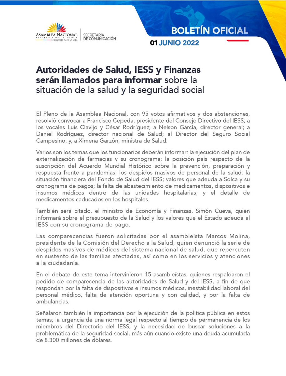 AsambleaEcuador's tweet photo. [Boletín] 
Autoridades de Salud, IESS y Finanzas serán llamados para informar sobre la situación de la salud y la seguridad social.
▶️ https://t.co/RycIE7LAVj https://t.co/xh08znMbxs