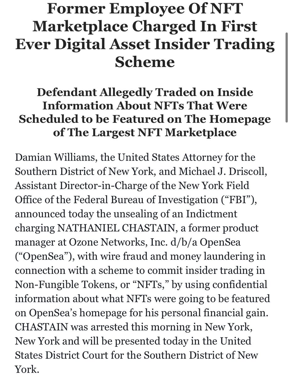 We probably see founders of projects that get caught rugging get charged too eventually. 

A bigger crime than insider trading.