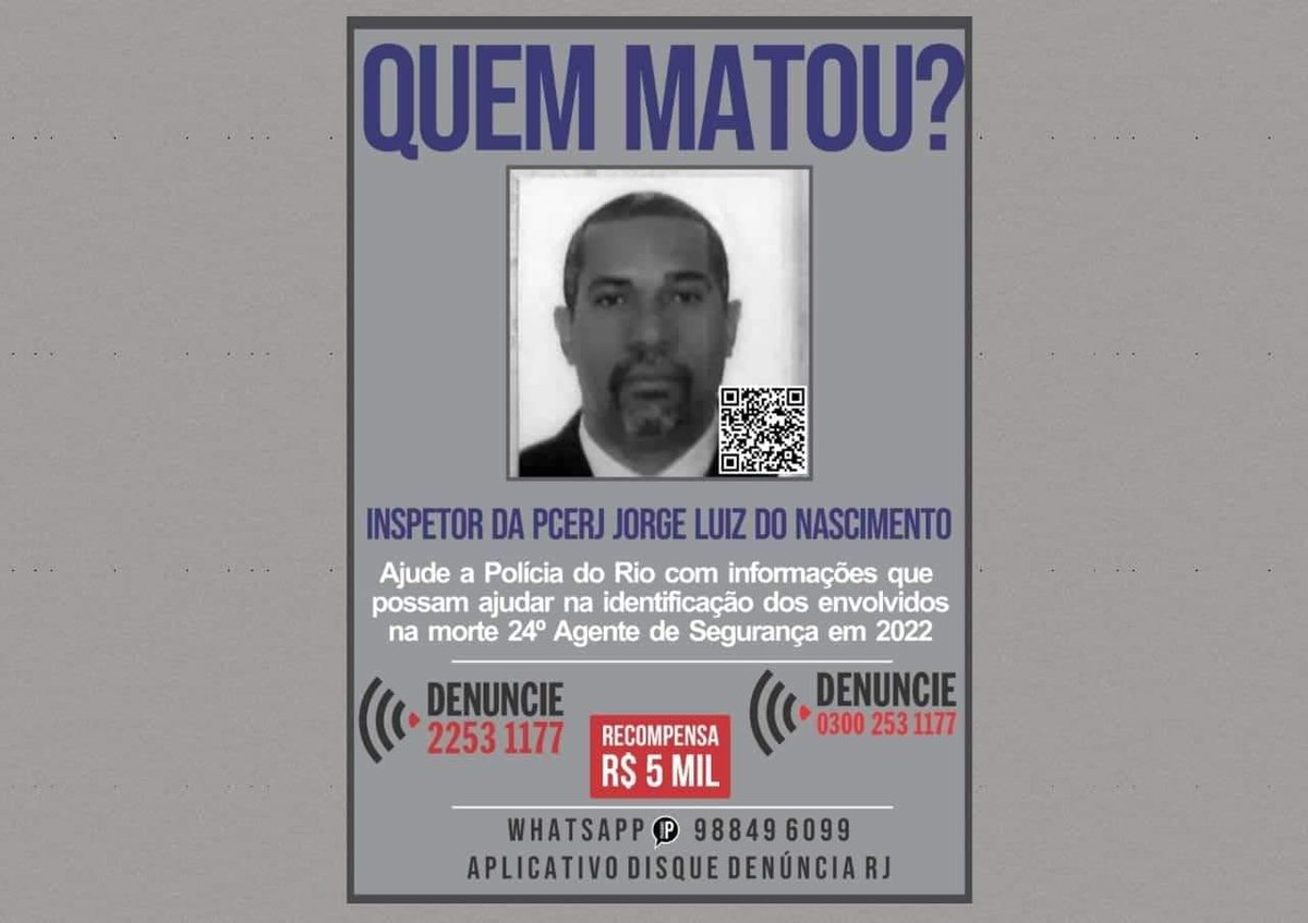 Galera, bora compartilhar o cartaz do inspetor da <a href="/PCERJ/">Polícia Civil RJ</a> Jorge Luiz do Nascimento, de 64 anos?! Ele foi morto, hoje (01), após levar um tiro no tórax durante uma #tentativaDeAssalto, em Inhaúma🥺

Sabe #quemMatou ?
📞21.2253 1177
📱 #Whats 21.98849 6099 / #app Disque Denúncia RJ