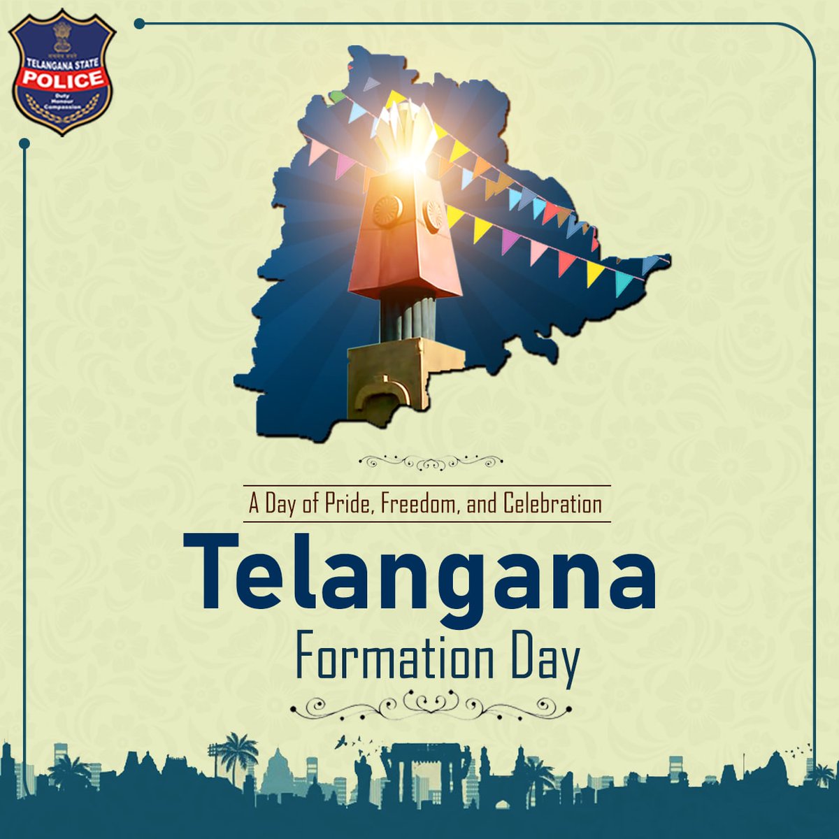 TelanganaDGP's tweet photo. Wishes to all the people of Telangana and tribute to all who participated in the struggle and sacrificed their lives for the cause. 

#TelanganaFormationDay #TelanganaStatePolice @TelanganaCOPs @hydcitypolice @cyberabadpolice @RachakondaCop @cpwrl @cp_nizamabad @cpramagundam https://t.co/lK2yhSVUx5