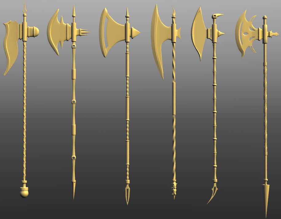 MabusGames's tweet photo. Number 6 (Far Left) took a while to complete. I do my work live Tue-Sun on #Twitch https://t.co/B39GD8PKmP #BattleAx #RPG #indiedev #indiedeveloper #Fantasy #gamedev #UE5 #3DModel 
And Don't forget my 2 modular Sword kits on the #Unreal #Marketplace : https://t.co/fkZ0buoexV https://t.co/UIWgBjkBdH
