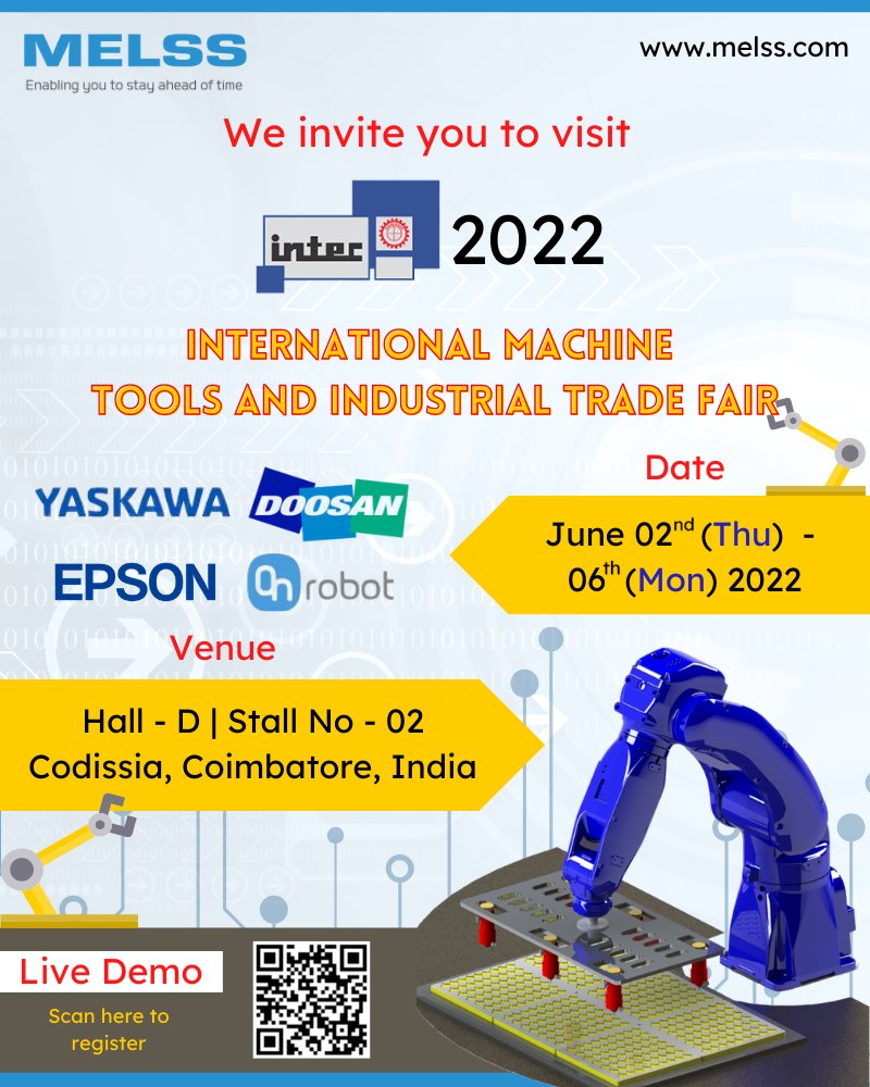melssindia's tweet photo. Visit us at Hall D Stall 02 in the Intec 2022 Exhibition (Codissia, Coimbatore) between 02nd and 06 Jun 2022.
See live demos of Robotics, End Effectors and IoT/Industry 4.0 solutions.
#Doosan #OnRobot #Yaskawa #Epson #IoT #Industry40 #MELSS #industrialautomation #robotics https://t.co/czUlLxhz2R