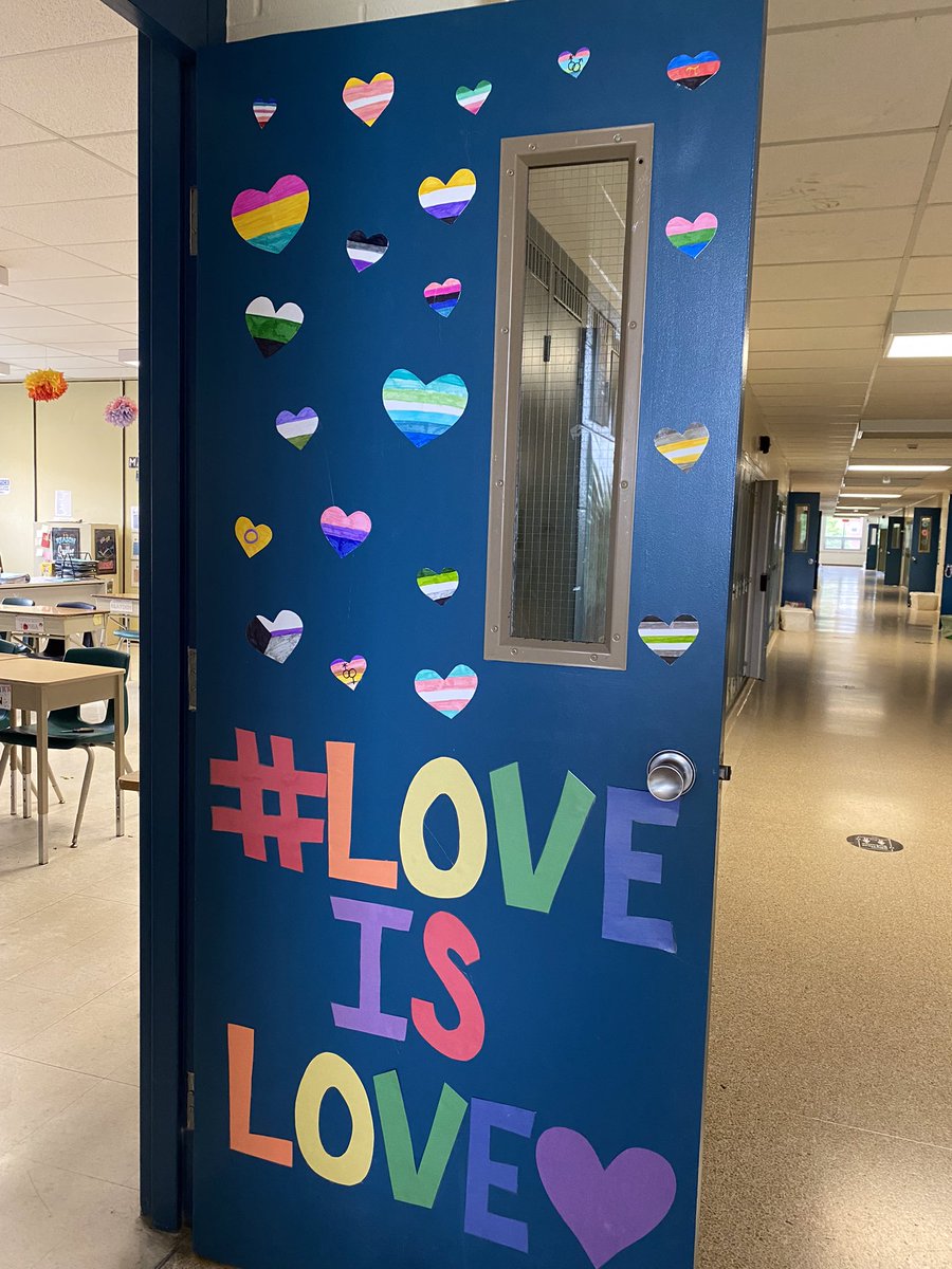 MsCherutti's tweet photo. Some of my wonderful students designed and created this door and flag to remind their peers that they are ALL safe and included ❤️ Happy #PrideMonth https://t.co/gGc34q2M13