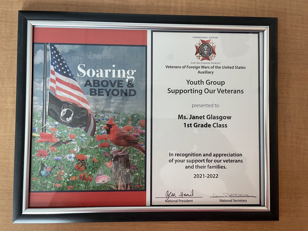 first_teach's tweet photo. Very proud of these 1st graders! Our entire grade level received recognition from the National VFW for their support with local Veterans. @OakviewElem https://t.co/rRBPHfXugo