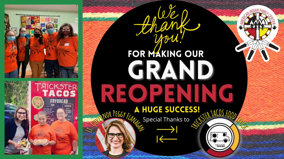 AIFCMN's tweet photo. Thank you for attending the #AIFC Grand Reopening &amp; making it momentous! Thank you to our special guest #MN Lt. #Governor Peggy Flannagan, @TricksterTacos, and staff &amp; volunteers. We are now OPEN TO THE PUBLIC! Please feel free to come in or visit https://t.co/GpVTP743tC. https://t.co/gUryqqsU6j