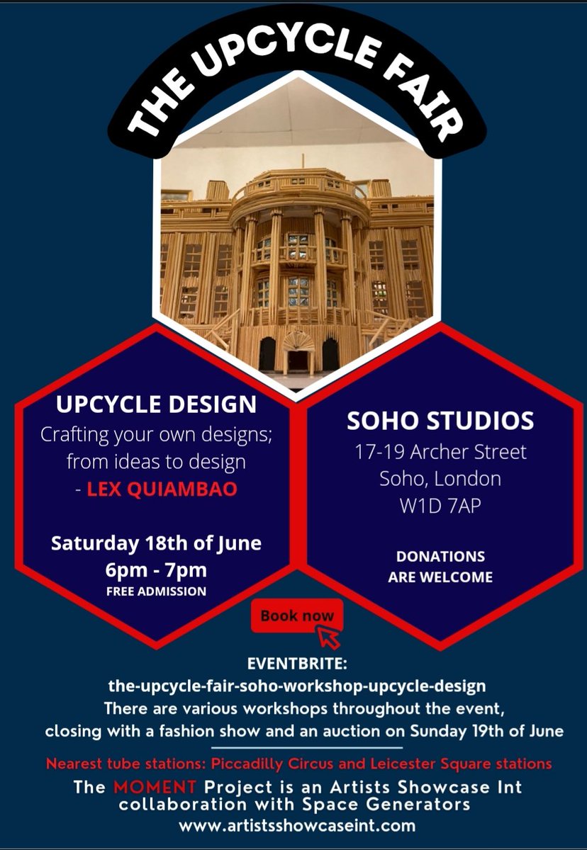 ArtistsShow_Int's tweet photo. The Upcycle Fair, Soho, with 4 workshops during the fair. Eventbrite link in bio.
UPCYCLE DESIGN, 18 June, 6pm-7pm: Craft your own designs using matchsticks, toothpicks and glue. You learn great tips on building your own unique & iconic architectural models
#UpcycleFair #workshop https://t.co/em2GagJz31