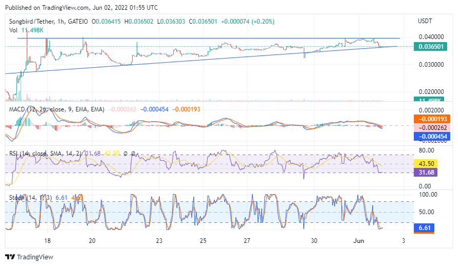 $SGB hit support of the triangle it has been forming.  RSI on the hourly is almost in oversold territory, stochastic and MACD looks like they're starting to turn around.  We might see some consolidation on the short term and a rise after that. #sgb #Songbird