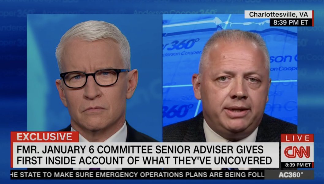 nicholaswu12's tweet photo. Former Rep. @RepRiggleman who'd worked for the 1/6 committee, was on @andersoncooper this evening - says there were "all three branches of government involved" in Meadows' text messages - i.e. a forwarded text from Ginni Thomas to Meadows from Rep. Gohmert's chief of staff https://t.co/wCN71BTAEW