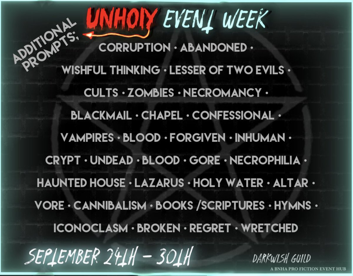 BNHAUnholy's tweet photo. They’re here! Deliciously sinful prompts! Remember you can mix and match, and you don’t have to do all 7 days. Posting begins Sept. 24th. We can’t wait 😈 #BNHAUnholy @BNHAUnholy https://t.co/XZQPs6x1z9