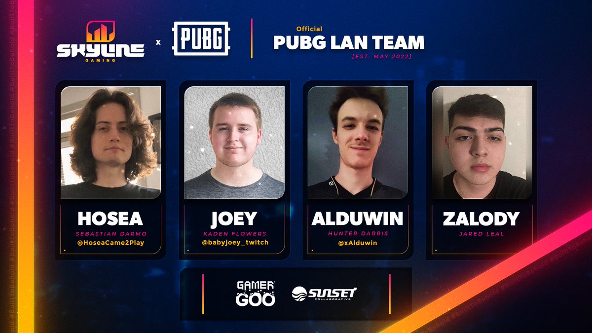 The team is set and ready to go compete at the @BGESportsLLC PUBG LAN 2 in KC! 

We will send out a detailed listing for event play and of course keep you posted on all the action throughout! #BuiltToBehold