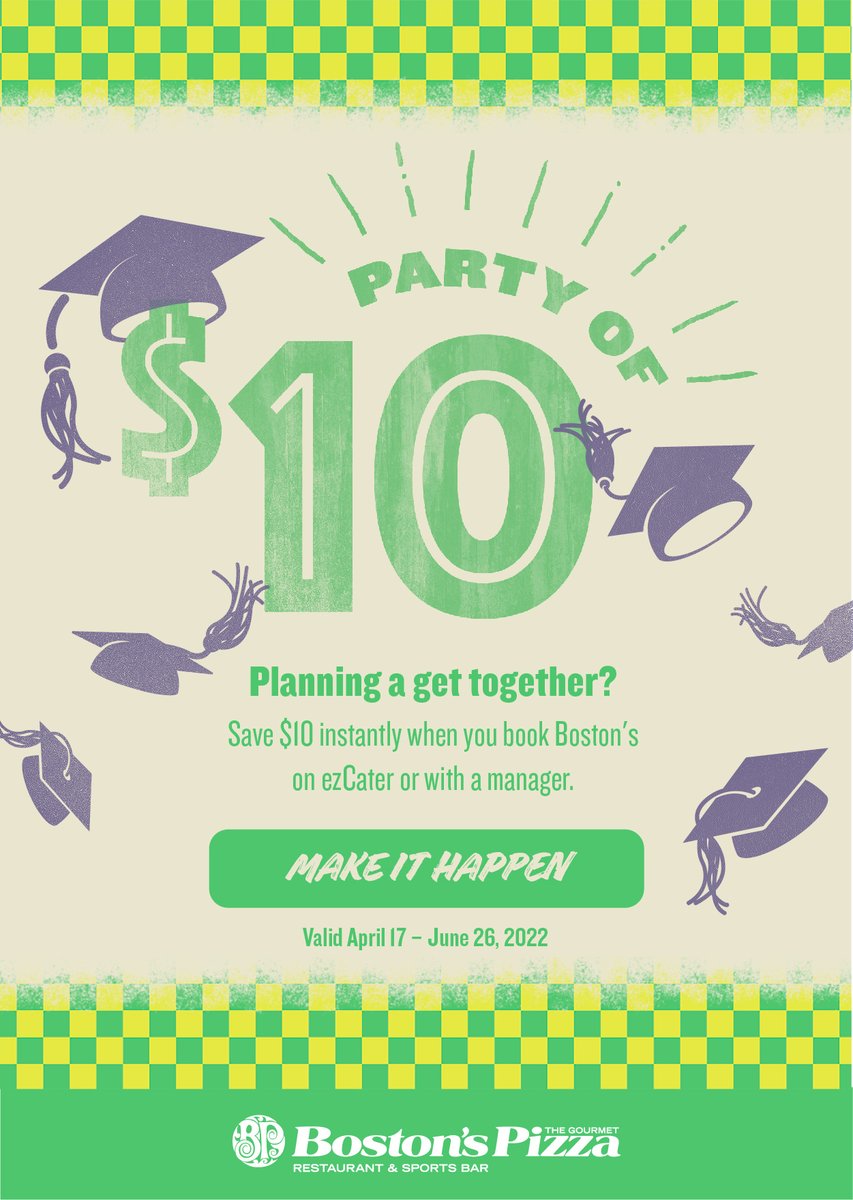 Get $10 off your catering to celebrate #gradszn! #gradparty #catering #bostonspizza ezcater.com/brand/bostons-…