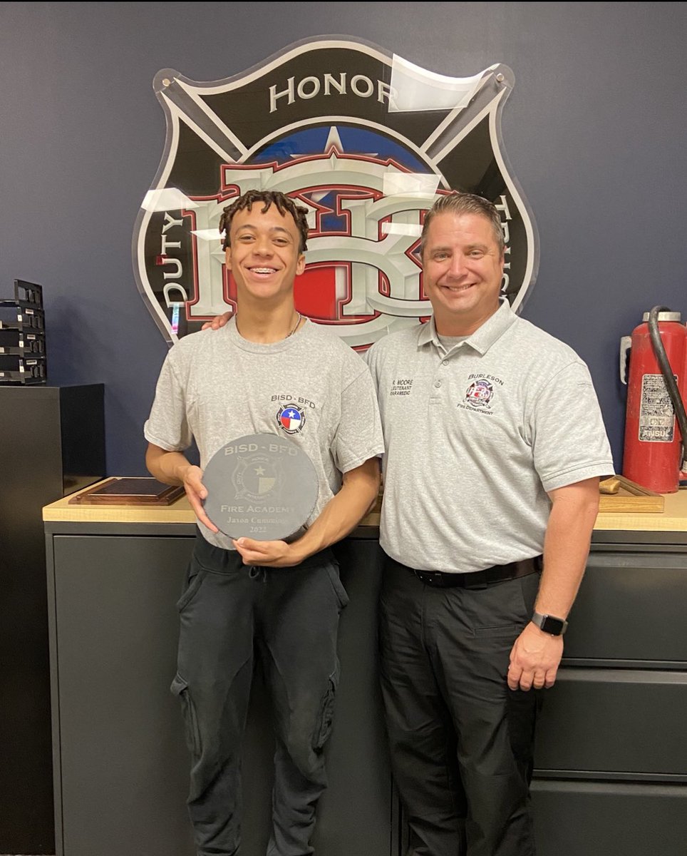 BfdCte's tweet photo. Please congratulate Jaxon Cummings, one of our most recent BISD / BFD Fire Academy graduates! He is the FIRST student from the 2022 graduating class to successfully pass all his state fire commission testing! Congratulations Jaxon! @burleson_cte @BHSElks https://t.co/beWAJ0b9e9