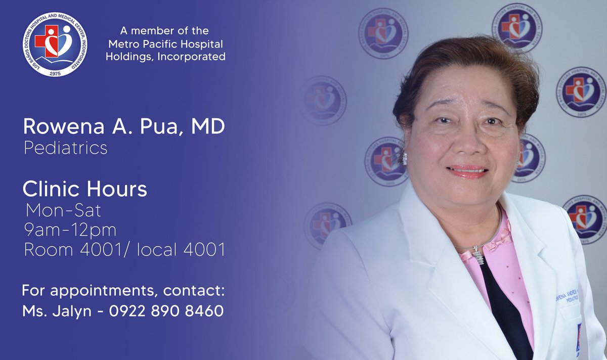 PuaRowena's tweet photo. Caring for infants, children, adolescents and young adults.

Dr. Rowena A. Pua
Pediatrician

Schedule your consultation now.
Please contact her secretary, Ms. Jalyn 0922 890 8460

#lbdh
#doctors
#pediatrics https://t.co/U1YqIZ9gvw