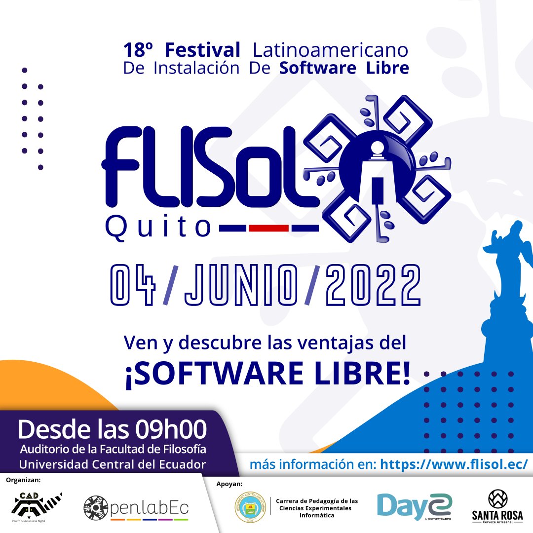 FlisolQuito's tweet photo. Tu cita es con #Flisol #Quito y empieza ya

🚀Únete a la celebración del #FLISoL2022 con nosotros en #Quito #Ecuador 

🤓Mira los detalles en: https://t.co/ohL0OOTAeK

@somos_CAD @OpenlabEc @lacentralec @soportelibre @santarosabeer @rbonifaz @olabini @JijonIvan @ivntres https://t.co/mKgLSzT7TR