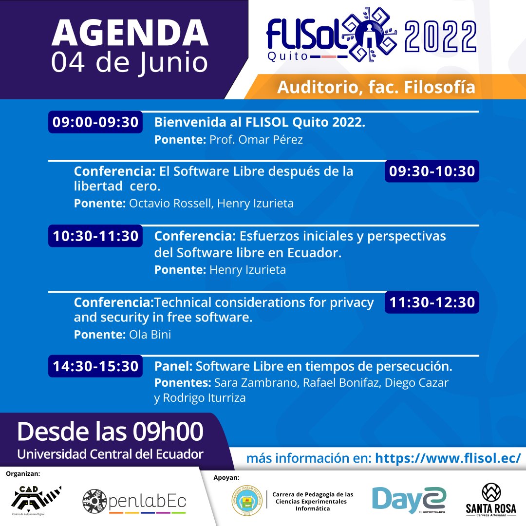 FlisolQuito's tweet photo. Tu cita es con #Flisol #Quito y empieza ya

🚀Únete a la celebración del #FLISoL2022 con nosotros en #Quito #Ecuador 

🤓Mira los detalles en: https://t.co/ohL0OOTAeK

@somos_CAD @OpenlabEc @lacentralec @soportelibre @santarosabeer @rbonifaz @olabini @JijonIvan @ivntres https://t.co/mKgLSzT7TR