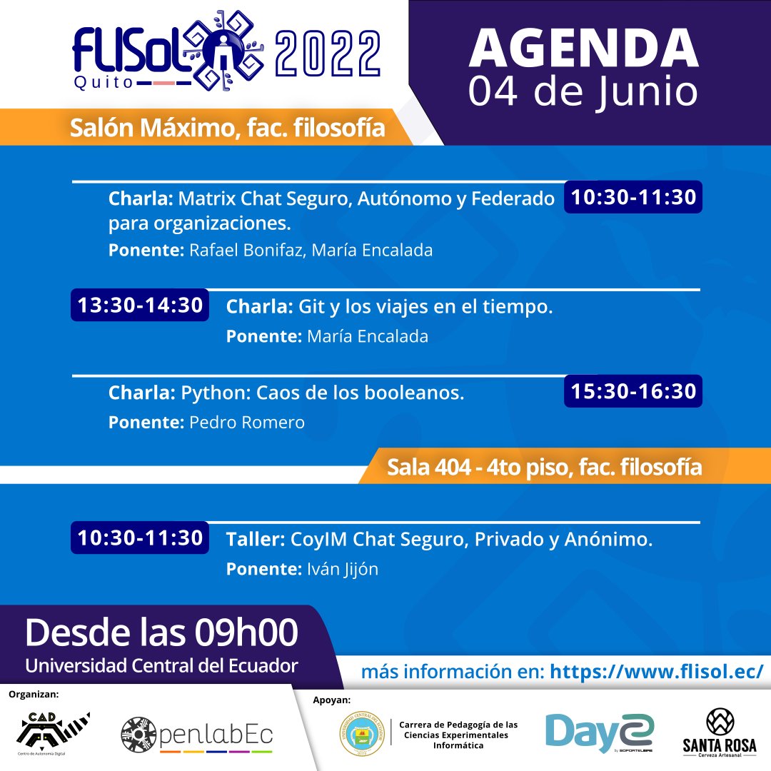 FlisolQuito's tweet photo. Tu cita es con #Flisol #Quito y empieza ya

🚀Únete a la celebración del #FLISoL2022 con nosotros en #Quito #Ecuador 

🤓Mira los detalles en: https://t.co/ohL0OOTAeK

@somos_CAD @OpenlabEc @lacentralec @soportelibre @santarosabeer @rbonifaz @olabini @JijonIvan @ivntres https://t.co/mKgLSzT7TR
