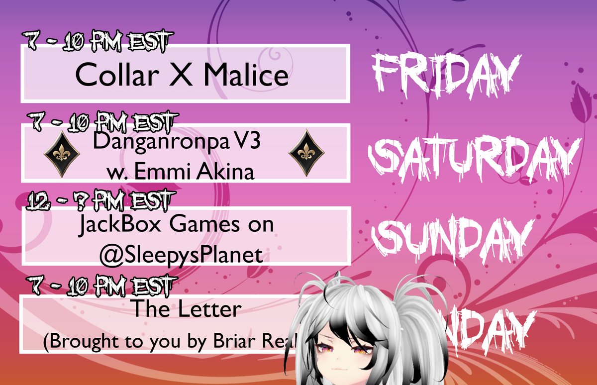 SweetNixPlays's tweet photo. A WILD SCHEDULE APPEARS. The usual with a few rounds of Jackbox Games with @SleepysPlanet & friends on Sunday afternoon! Next week, maybe a new collab? Probably a redeemed game as well!
#ENVtuber #GothTuber #ThirstTuber https://t.co/HfyKsURqmY