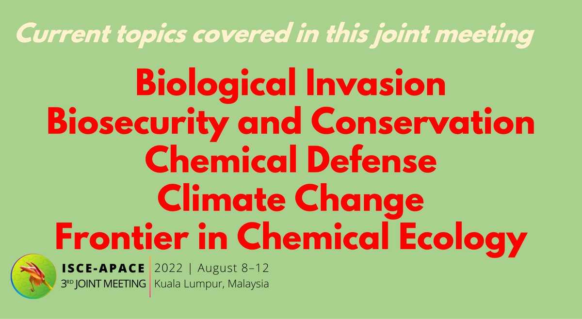 AlvinHee_MY's tweet photo. #ISCE2022 We have 15 interesting symposia for you to choose where you want present your work! Hurry as deadline is June 10th! https://t.co/rf6unVv7OE
#chemicalecology #olfaction #entomology #chemoreception #science #planthealth #Ecology #insects #Chemistry https://t.co/28TGp4TgeW