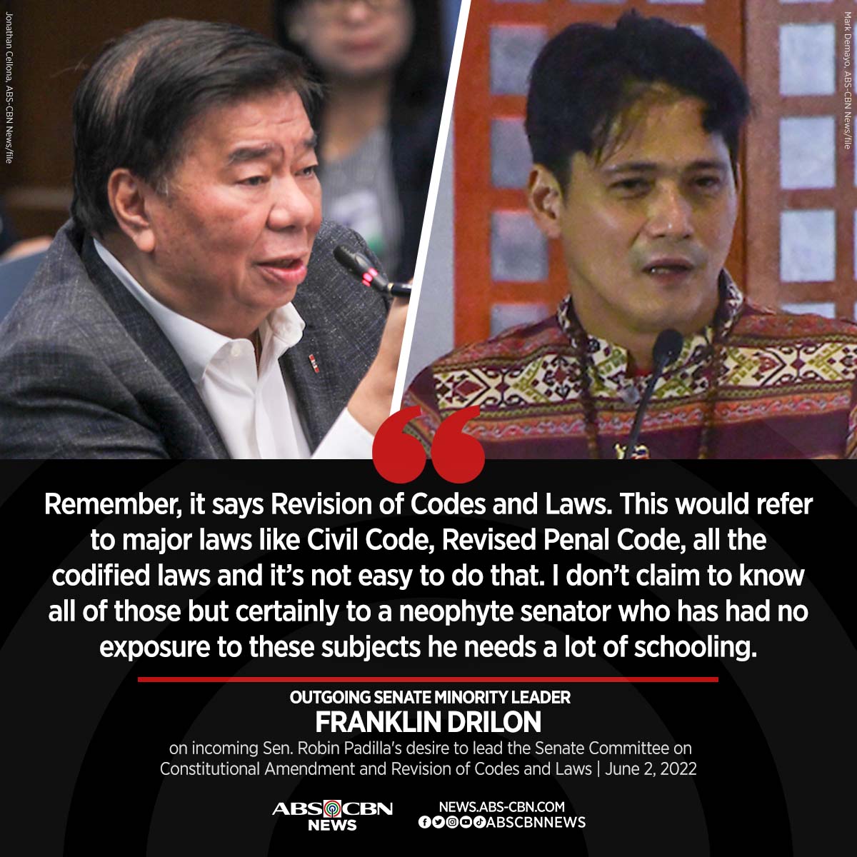 ABSCBNNews's tweet photo. Senator-elect Robin Padilla needs a lot of “schooling” because dealing with major laws in the Constitutional Amendment Committee, which Padilla is set to chair, would not be easy for a "neophyte," says outgoing Sen. Franklin Drilon.

Read: https://t.co/I5HY5qCTPf https://t.co/Z3pYYMo7g0