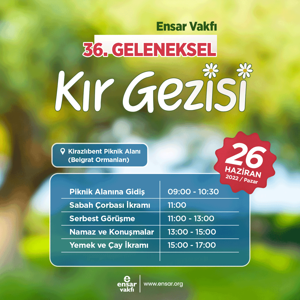 Ensar Vakfı 36. Geleneksel Kır Gezisi'nde Buluşuyoruz!

İki yıldır pandemi nedeniyle gerçekleştiremediğimiz 36. Geleneksel Piknik programımıza tüm Ensar dostlarını bekliyoruz. 🍀

📆26.06.2022 / Pazar
📍Kirazlıbent Piknik Alanı 👉 bit.ly/38Z1Rmq
📞0212 513 03 09
