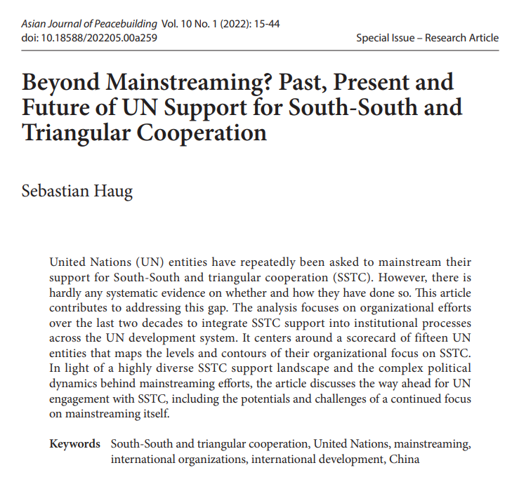SebHaug's tweet photo. Just published (Open Access): “Beyond mainstreaming? Past, present and future of UN support for South-South and triangular cooperation” @AJPeacebuilding, Special Issue on #SouthSouthCooperation at #UnitedNations. https://t.co/mHrAS9mWEU https://t.co/DEFX3Kh5MW
