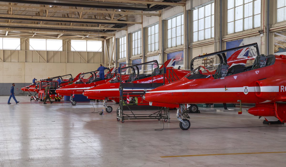 Inside the hangar at #RAF Scampton, #Lincolnshire this morning - the #RedArrows jets being prepared to be towed out, ready for a very big day. Over #London at 1300 for the #PlatinumJubilee flypast and then <a href="/midlandsairfest/">Midlands Air Festival</a> for our first UK display of 2022, at 1730 this evening.