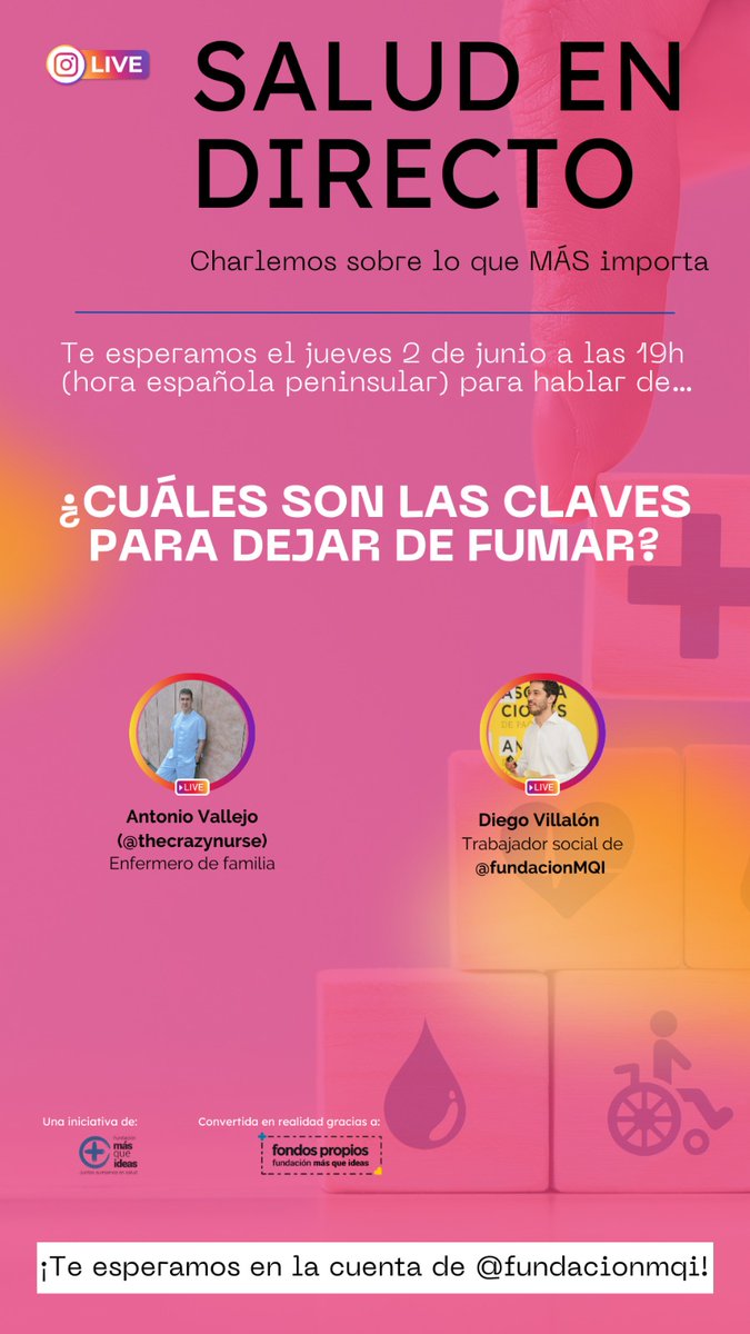 Esta tarde a las 19:00, charlamos <a href="/DiegoVillalon_/">Diego Villalón</a> de <a href="/FundacionMQI/">Fundación MÁS QUE IDEAS</a> sobre las claves para dejar de fumar en #instagramlive 

Os esperamos!!

<a href="/noa_rey/">Noa Rey</a> @psicoprevencin1 <a href="/AdelaidaLPolo/">Adelaida Lozano Polo</a> @DocFarma_ <a href="/TabaquismeIB/">Tabaquisme Illes Balears</a> <a href="/galarmariela1/">@galarmariela</a> <a href="/nofumadores/">nofumadores</a> <a href="/BarragnManuel/">Manuel Barragan Rodriguez</a> <a href="/drazaidaroam/">Dra. Zaida Roa Moreno.</a> <a href="/TobControlUnit/">Tobacco Control Unit (ICO-IDIBELL)</a>