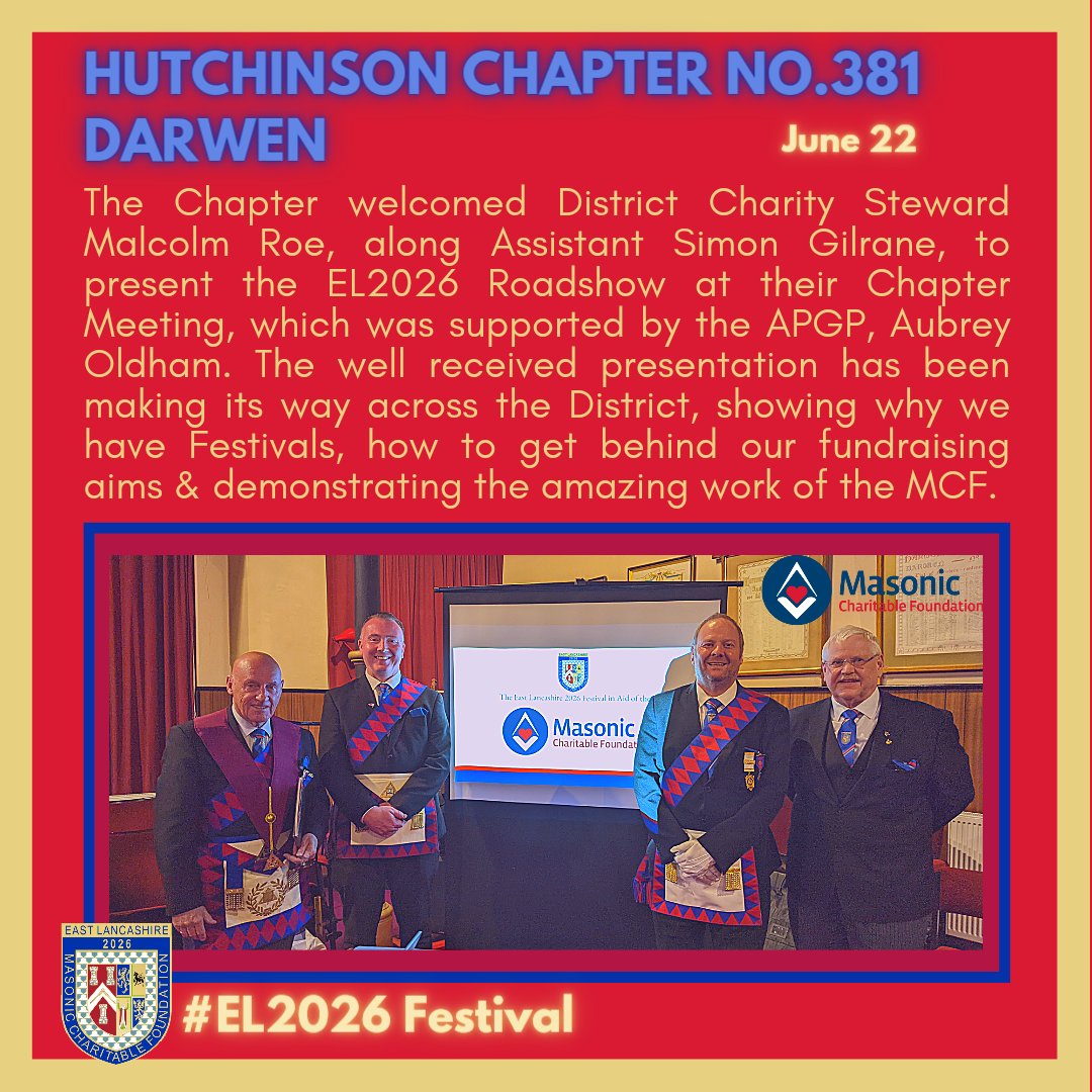 A very informative and important presentation. Well done Malcolm &amp; Simon on your work in getting this presentation rolled out across our District, demonstrating the need to support our Festival in support of the <a href="/Masonic_Charity/">Masonic Charitable Foundation</a>

Search PGLEL Festival to find our more 
#el2026