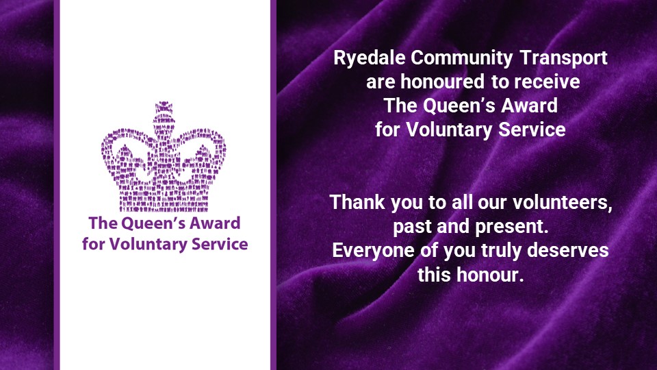 RyedaleCT's tweet photo. It has just been announced that Ryedale Community Transport has been awarded The Queen's Award of Voluntary Service - the MBE for voluntary groups. It is one of 244 voluntary groups to receive this prestigious award this year. #QAVS2022 @queensawardvs

. https://t.co/7kPBWew8Ym