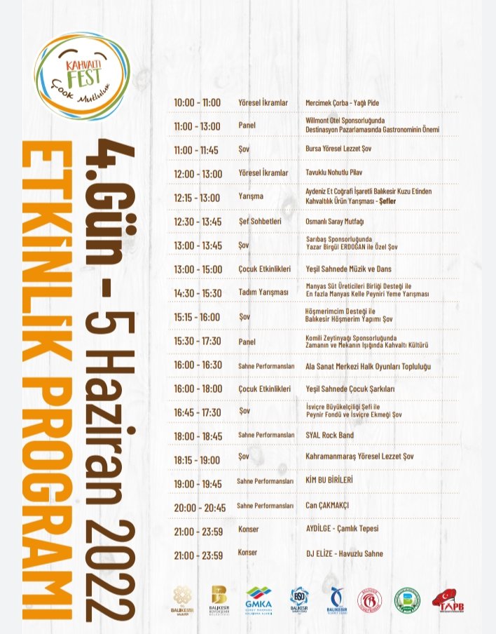 Balıkesir Uluslararası Kahvaltı Festivali Etkinlik Programı 

#HayatDoluBalıkesir
#LezzetDoluBalıkesir
