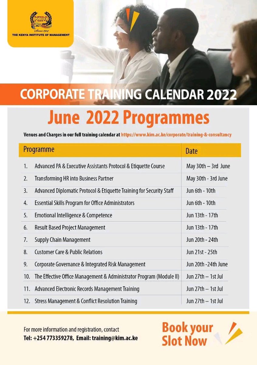 KIMKenya's tweet image. Training Programmes for the month of June 2022. Book your slot by filling out our form via link: forms.gle/8cqjtPzGTG5uyT…

#transformingHR #DiplomaticProtocol #supplychainmanagement #corporategovernance #electronicrecords #conflictresolution #conflictmanagement

@MANAGEMENT_KIM