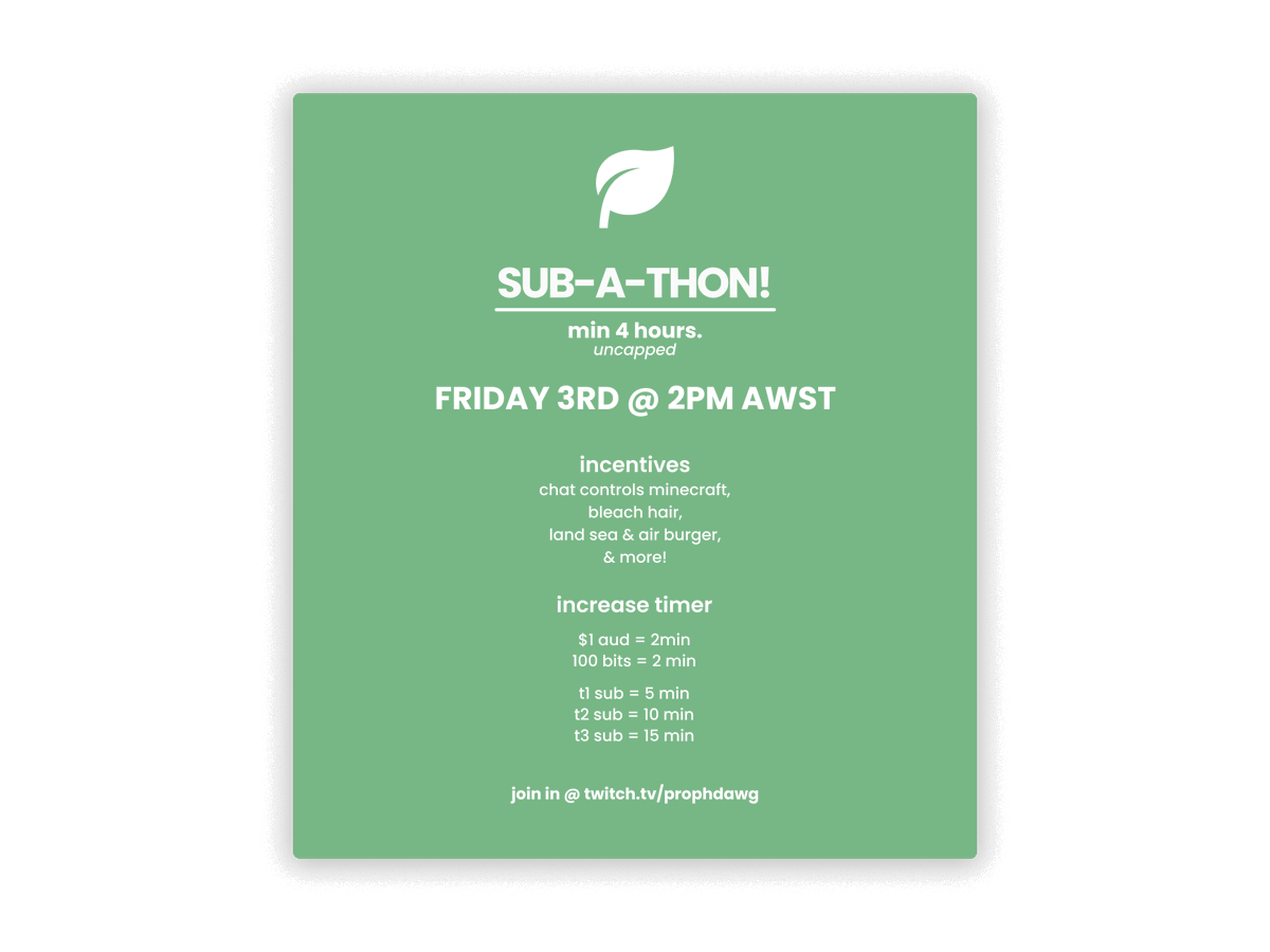 So I'm a silly guy with a broken car, and I'm really trying to save money to get it fixed/replaced depending on how bad it is (I use it every day for work). 

Come thru Friday 2pm AWST for a good old prophdawg subathon, featuring some fun minecraft incentives and more!