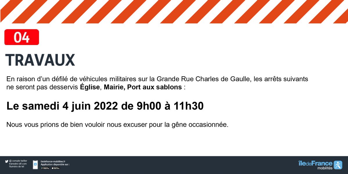 🚨 #infotrafic  #Ligne_04

‼️ Le samedi 04 juin de 9h à 11h30
🚧 En raison d'un défilé militaire
❌ Arrêts: Église, Mairie, port aux Sablons non desservis

#Saintrysurseine