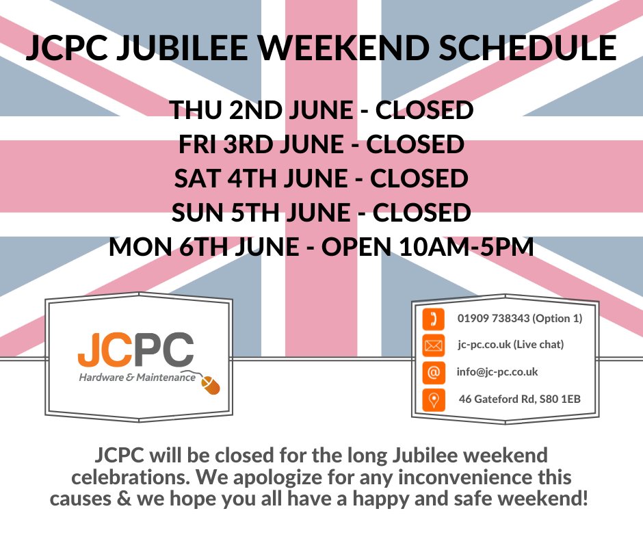 JCPCWorksop's tweet photo. REMINDER: JCPC will be closed from today and we will be back on Monday 6th June for the Queen's Platinum Jubilee 🇬🇧 👑 

#JCPC #JCPCWorksop #Queen #Jubilee #Platinum https://t.co/1Bri04SgeL